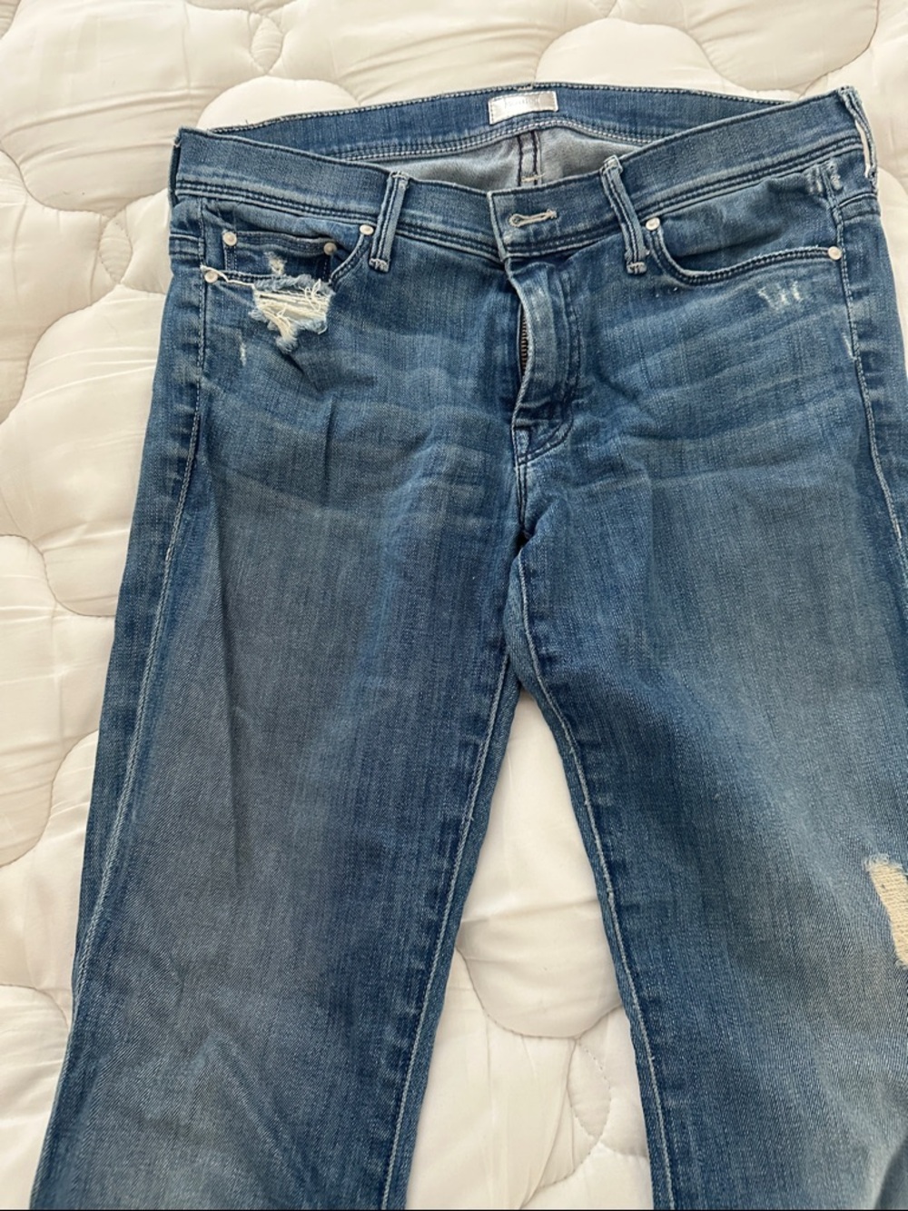MOTHER Washed Blue Distressed Straight Jeans